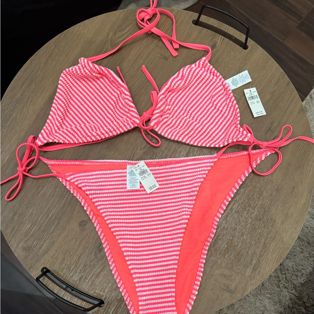 XXL Aerie Neon Pink Striped Tie-Side Bikini Coral -discontinued